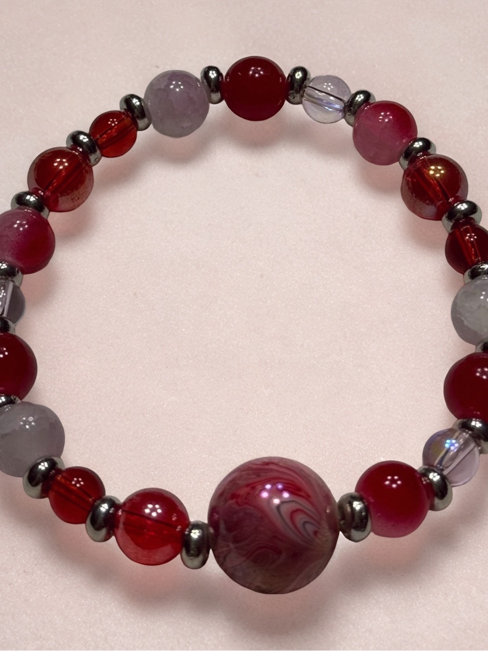 Hand Crafted Red and Gray Agate Beaded Stretch Bracelet